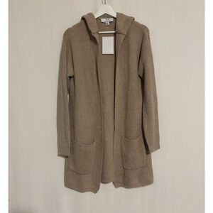 Magaschoni Cardigan Small Beige Knit Long Open Front Hoodie Pockets New